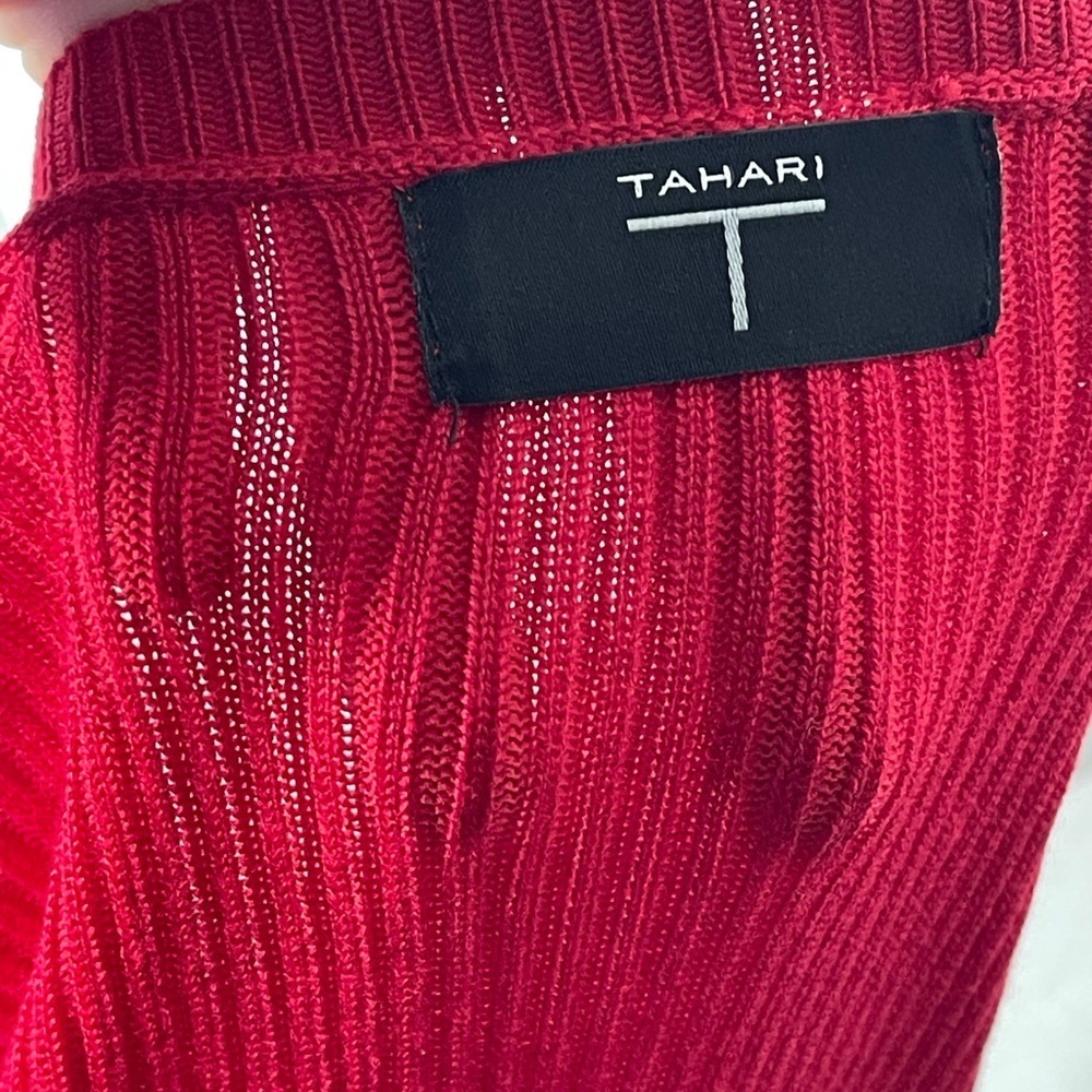 Tahari Vibrant Red Holiday Ribbed Long Ruffled Sleeve Top Party Christmas Large - Picture 10 of 12